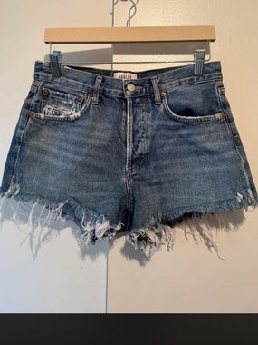 Agolde Washed Blue High-Rise Distressed Denim Shorts